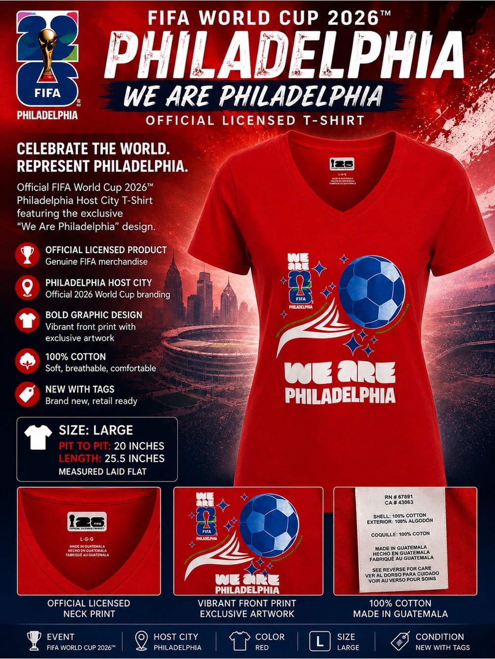FIFA World Cup 2026 Philadelphia We Are Philadelphia Womens V Neck Tee L NWT Red - Picture 2 of 16